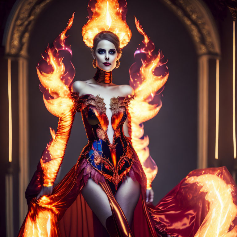 Woman in fiery-themed costume surrounded by flames in dramatic setting