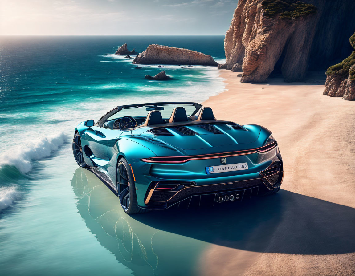 Teal Convertible Sports Car on Sandy Shore Near Turquoise Sea