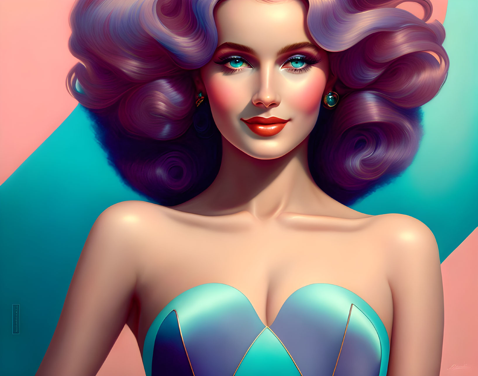 Digital portrait: Woman with purple hair, blue eyes, and bright makeup on pink and blue background