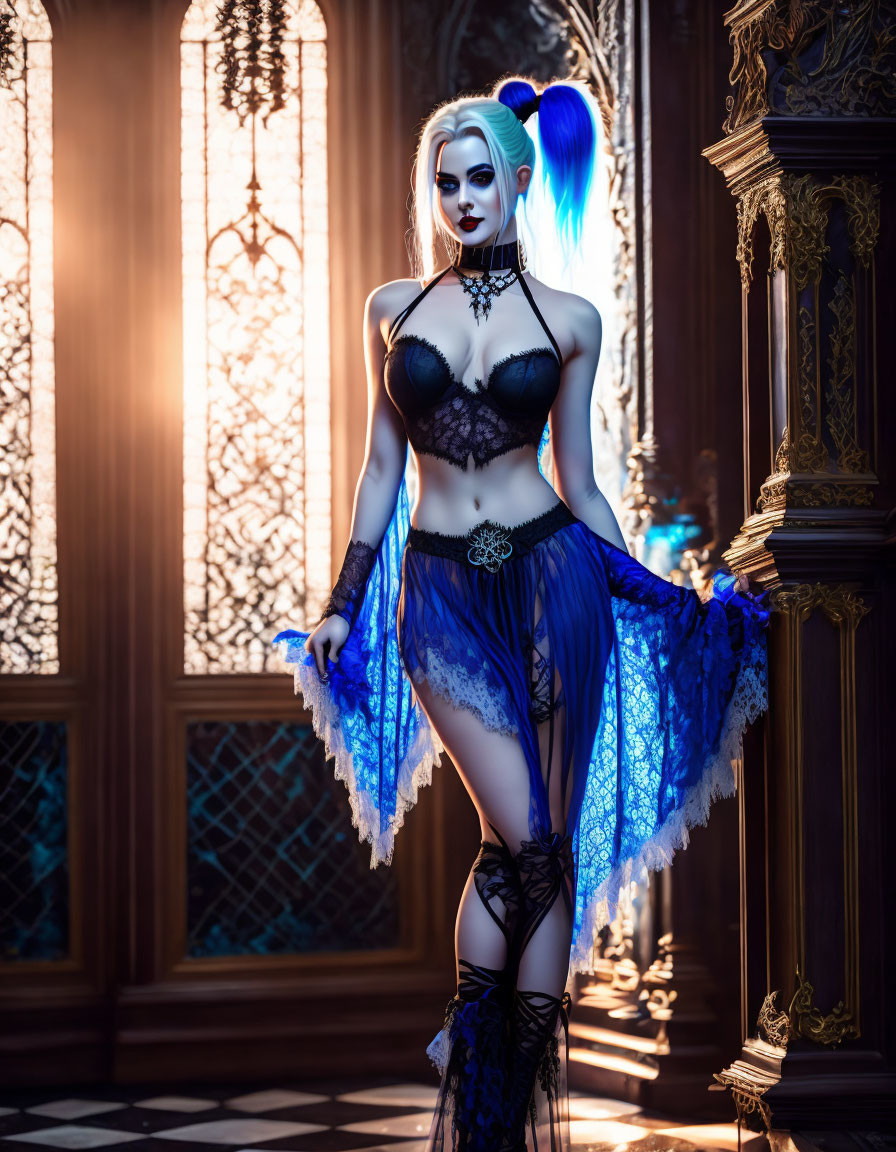 White-haired female character in gothic attire, set in dark room with intricate windows