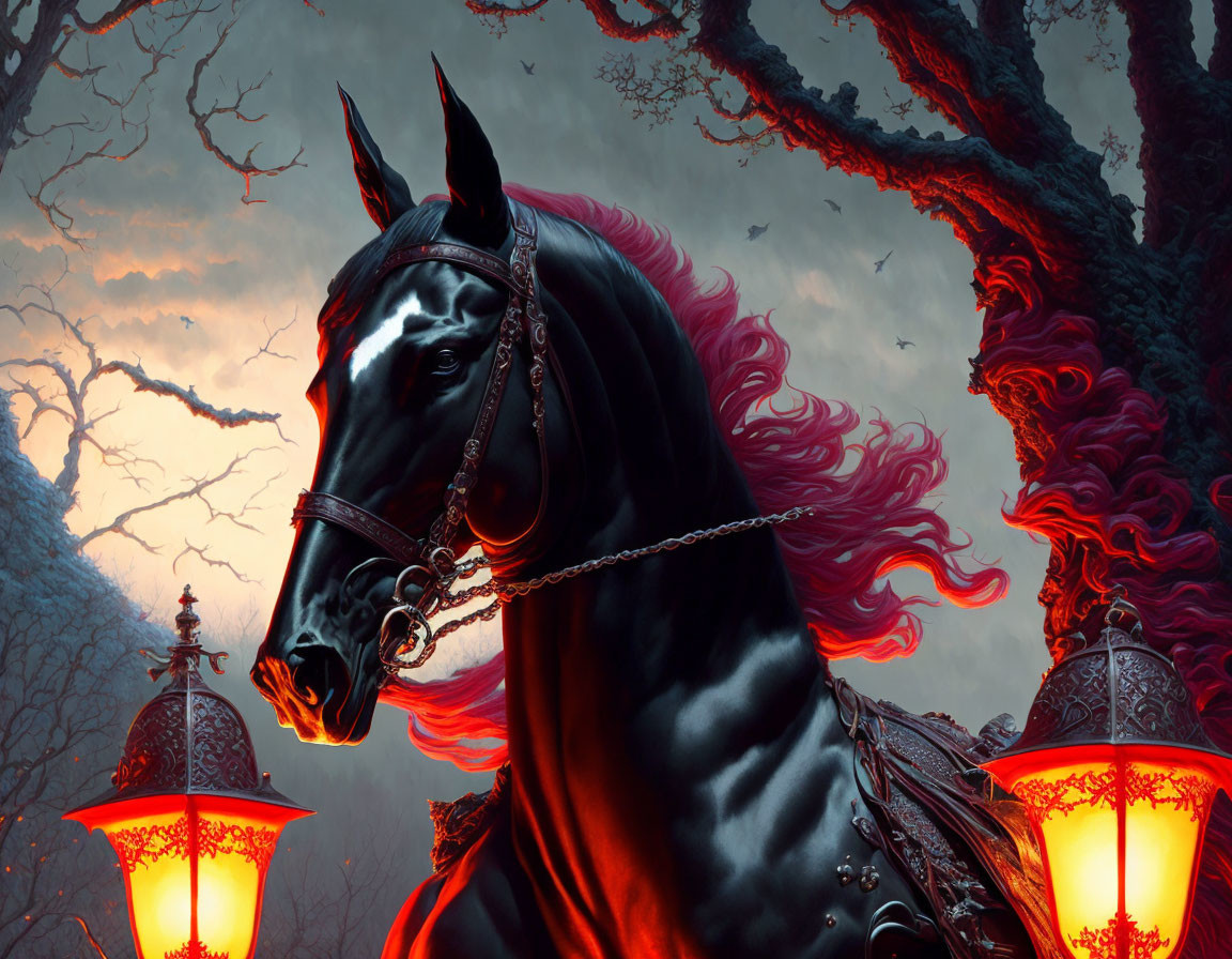 Majestic black horse in eerie forest with glowing lanterns