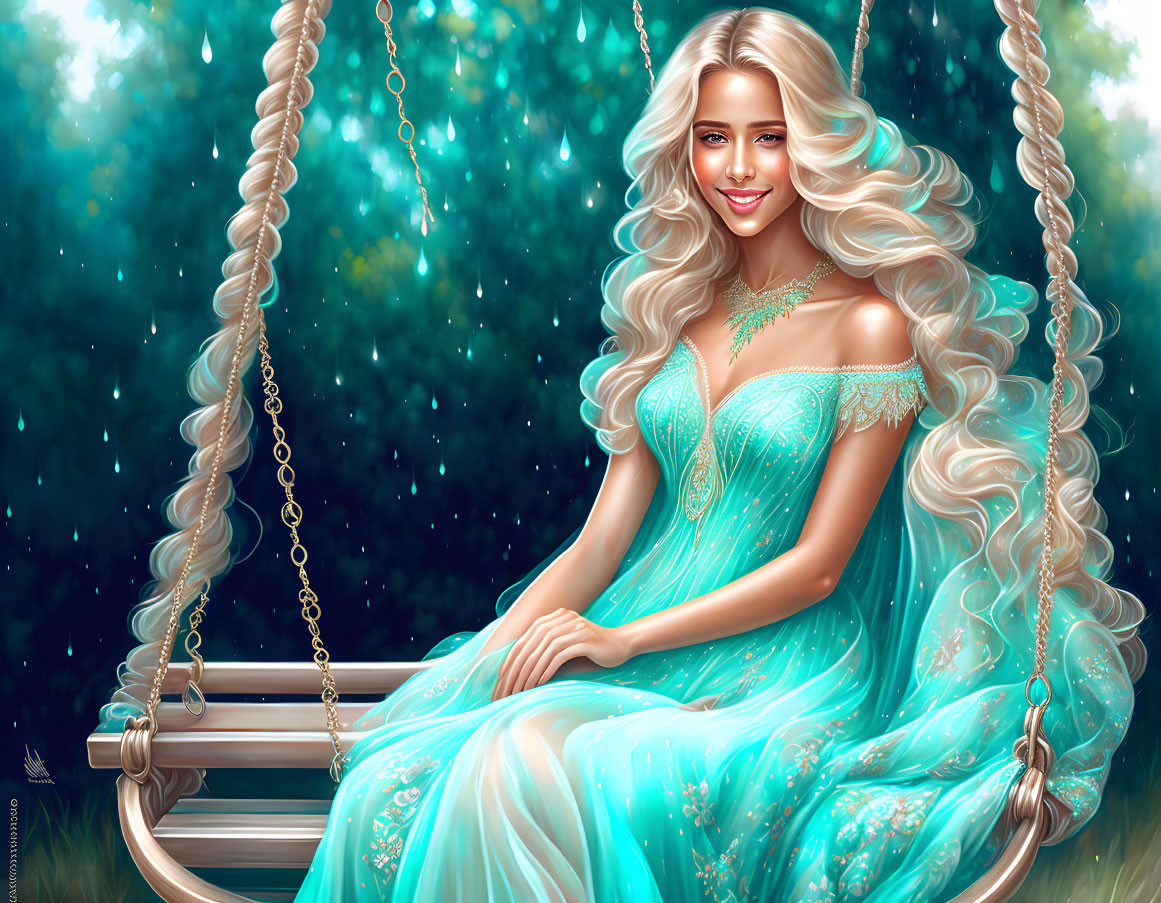 Blonde woman in turquoise dress on swing in forest setting