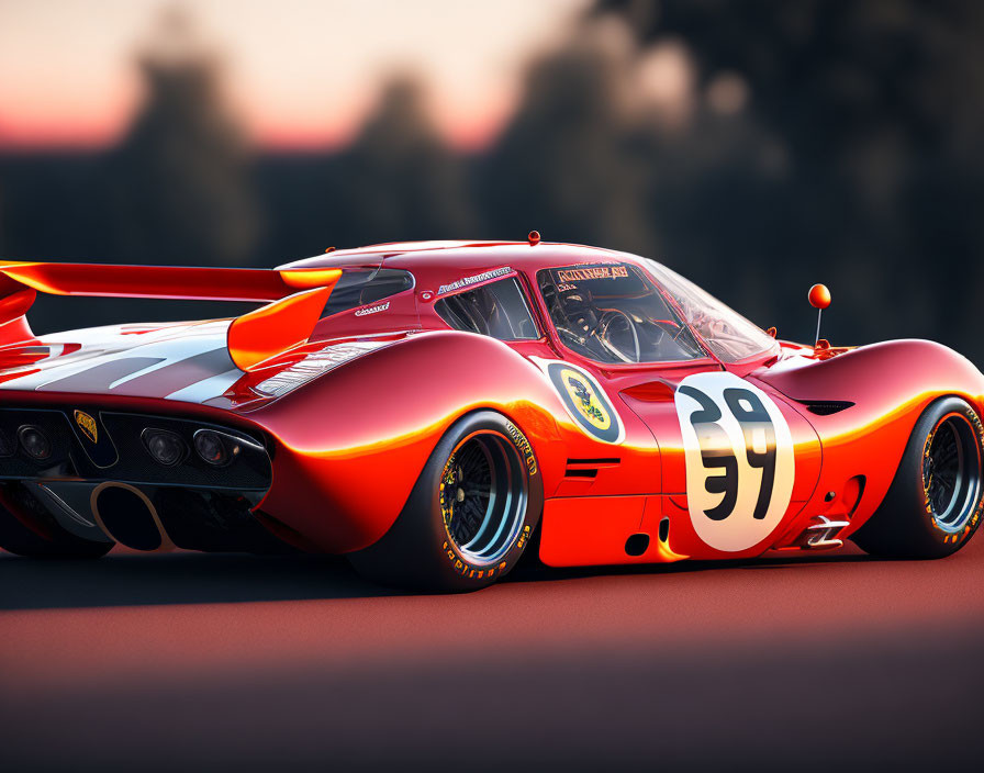 Vintage Red Race Car with Number '39' and Sponsorship Decals Speeding on Track at Sunset