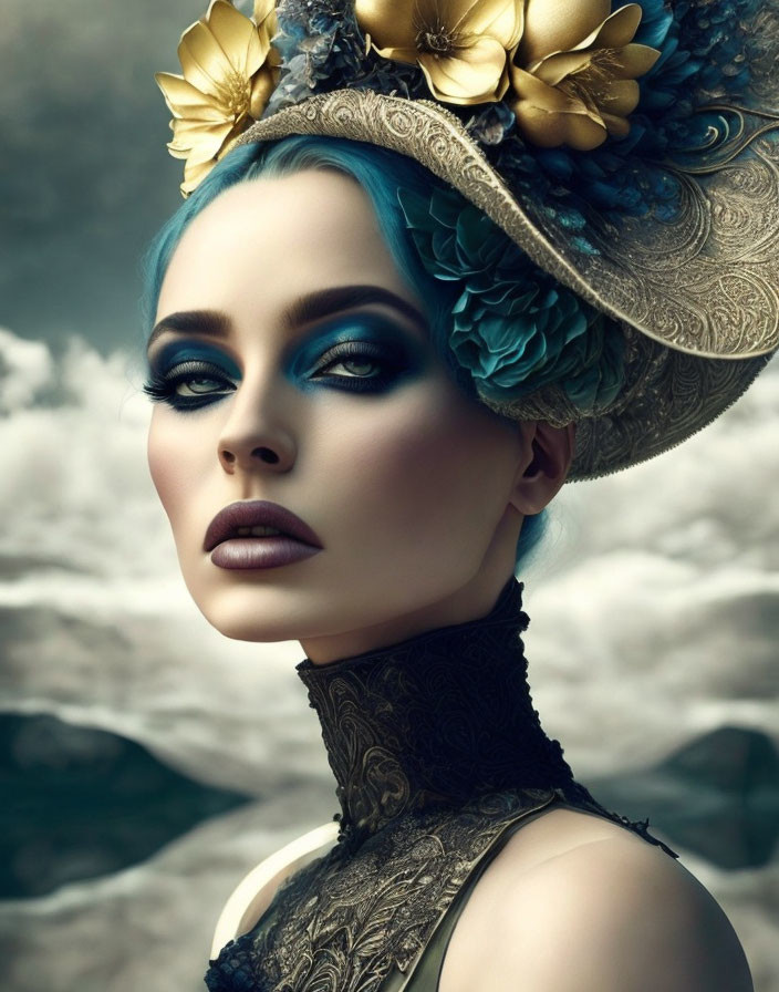 Woman with Blue Makeup and Flower-Adorned Hat in Cloudy Setting