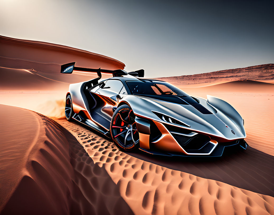 Sleek sports car with aerodynamic design in orange and black on desert sand dune