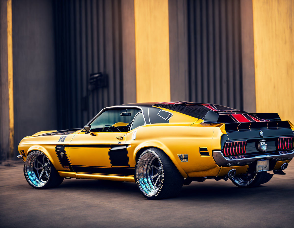 Vintage muscle car with golden paint and black racing stripes parked in industrial setting