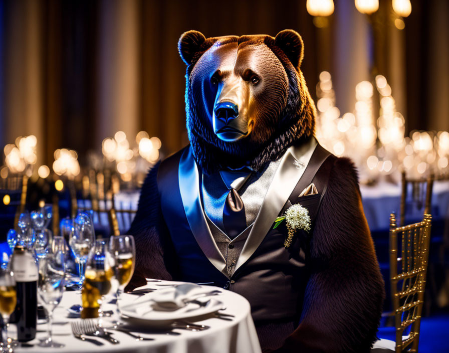 Bear in tuxedo at elegant dining table with candles and wine glasses