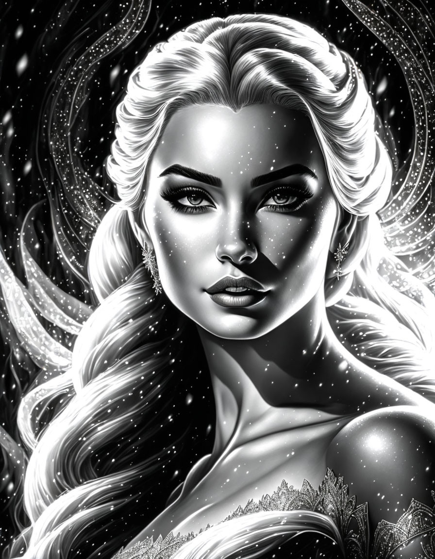 Monochromatic illustration of elegant woman with long hair in cosmic setting