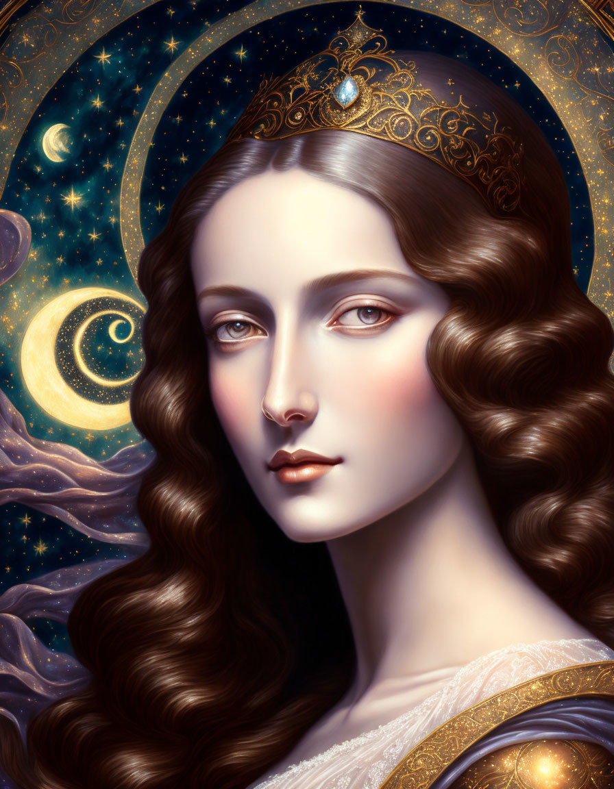 Illustrated portrait of woman with crown and wavy hair in cosmic setting