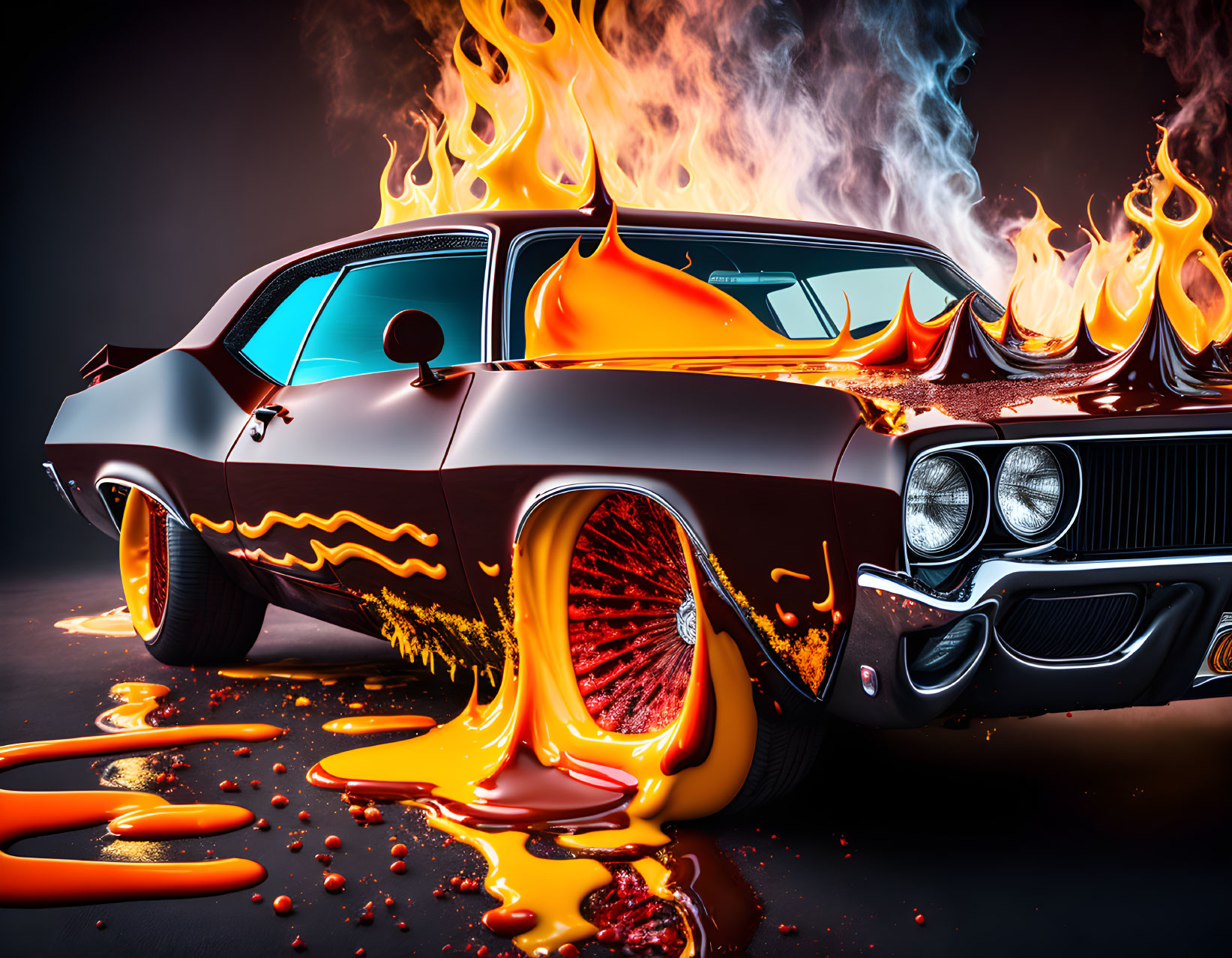 Muscle car with fiery flames and lava effects on dark background