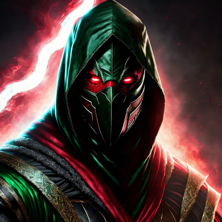 Masked Figure with Green Hood and Glowing Red Eyes on Dark Ember-Filled Background