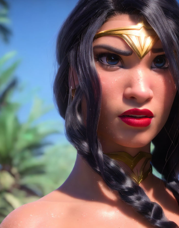 Detailed Wonder Woman cosplay makeup, tiara, and braided hairstyle close-up.