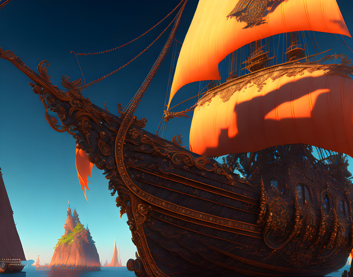 Ornate ship with orange sails near towering rock formations