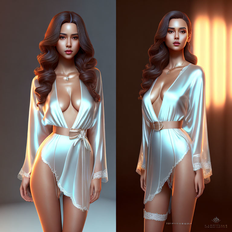 Digital artwork featuring woman in white bodysuit and sheer robe against warm background