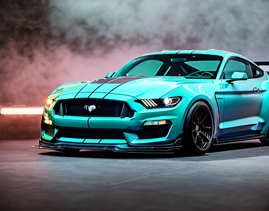 Metallic Teal Ford Mustang with Racing Stripes Against Smoky Background