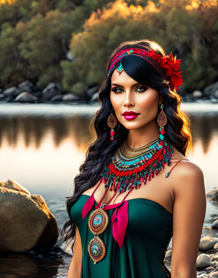 Dark-haired woman in green dress by river with autumn foliage