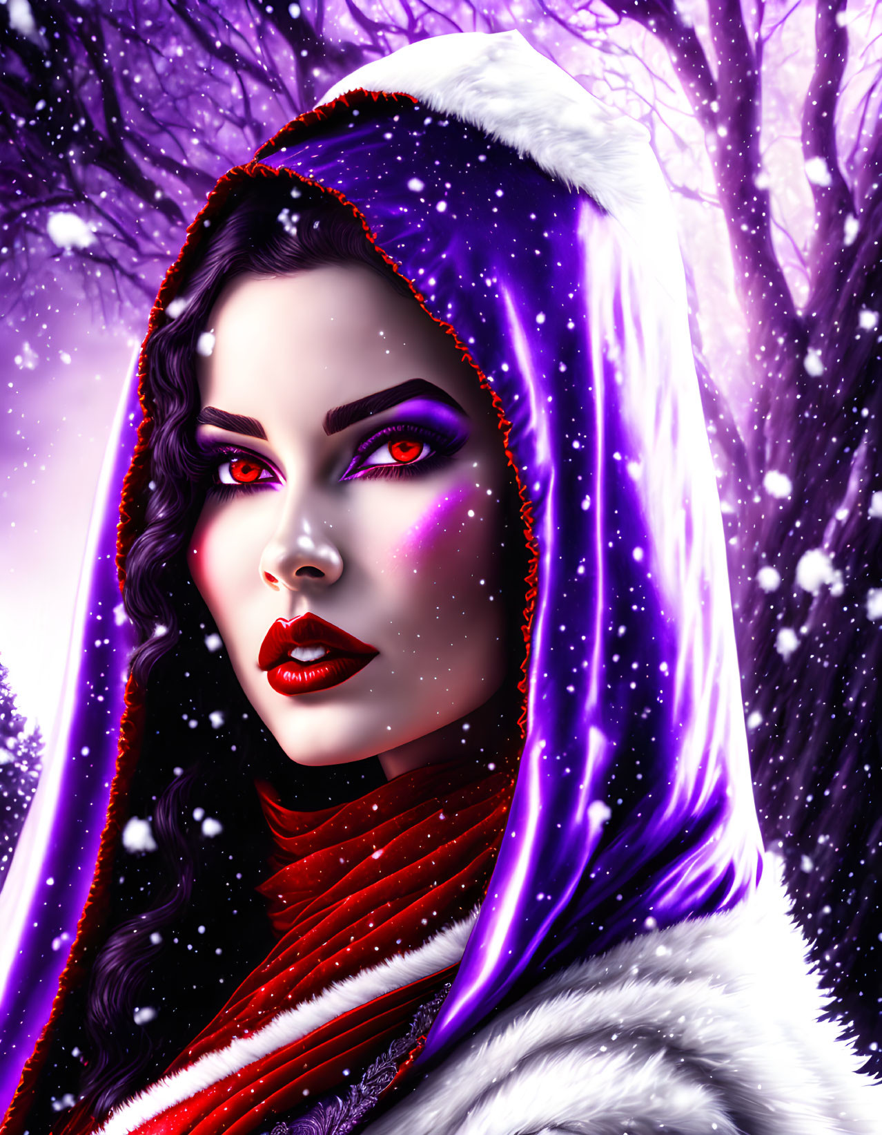 Digital artwork: Woman in purple hooded cloak on snowy background