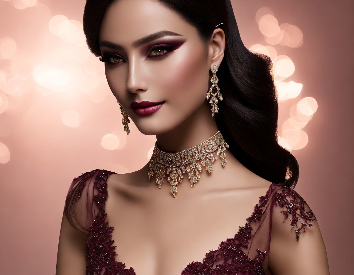 Woman with smoky eye makeup and plum lips in elegant gold jewelry on pink backdrop with bokeh lights