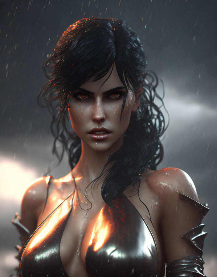 Digital artwork: Female character with dark hair, intense gaze, bronze armor, raindrops.