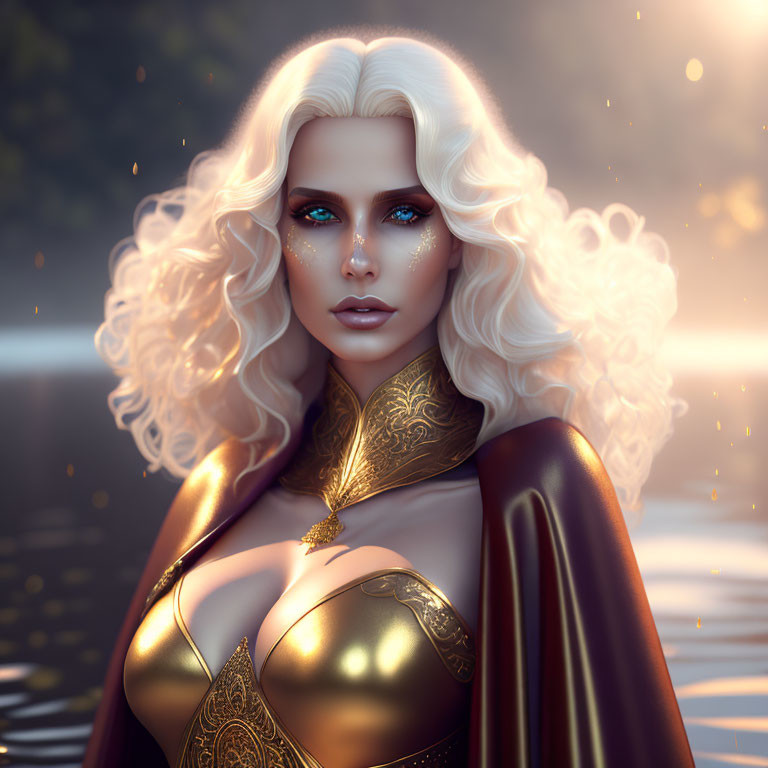 Digital artwork: Woman with curly white hair, blue eyes, golden outfit, in twilight setting.