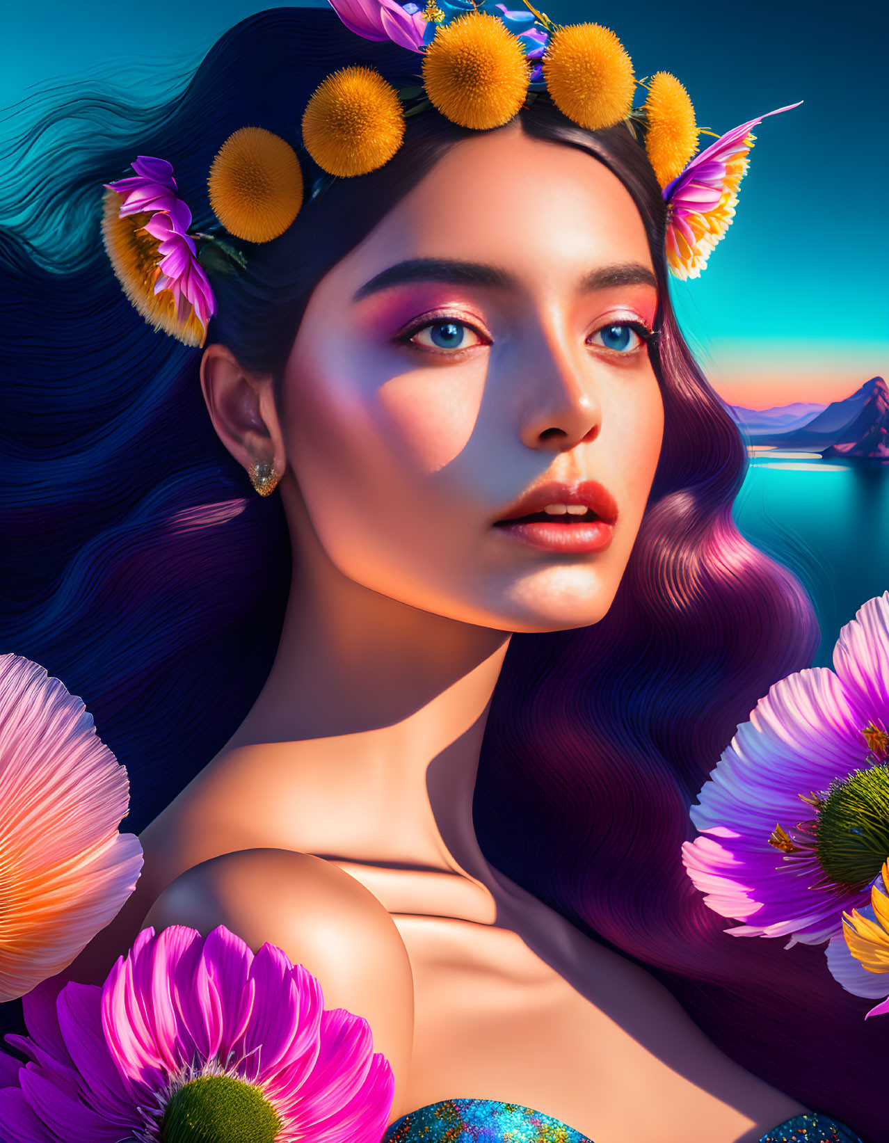 Vibrant flower-haired woman portrait against blue background