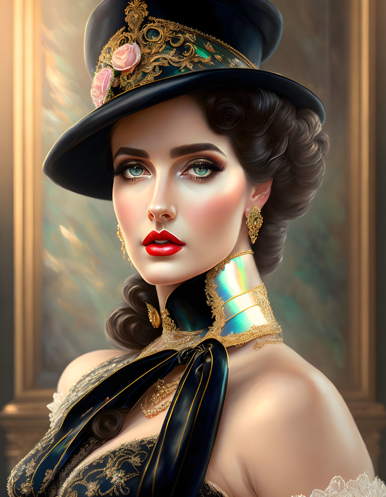 Vintage aristocratic woman portrait with styled hair, decorated hat, gold choker, and lacy dress