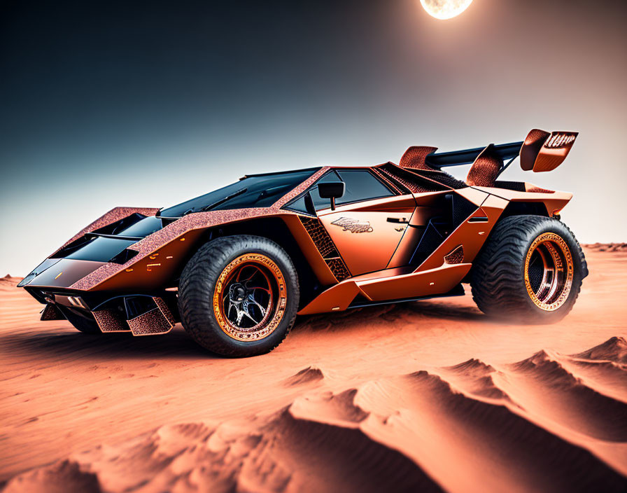 Customized Lamborghini Countach with off-road wheels in desert scenery