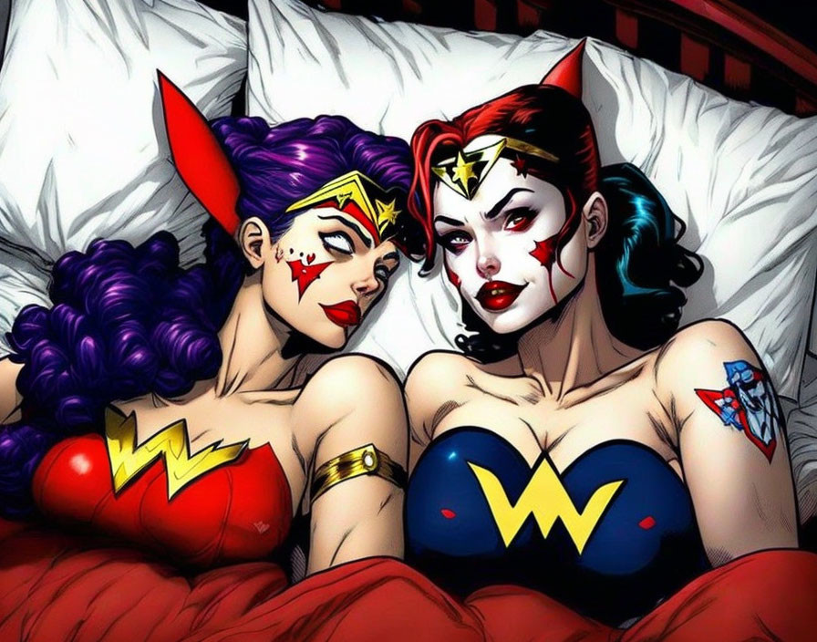 Stylized female superheroes in iconic symbol outfits on striped bedsheet