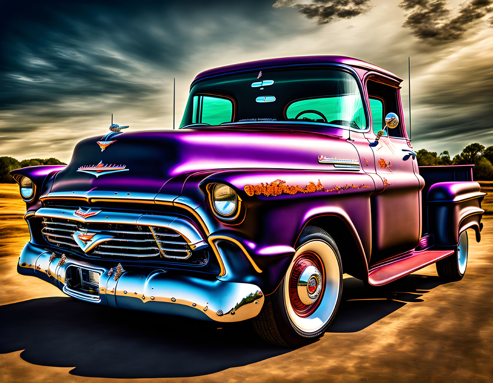 Shiny purple pickup truck with chrome details under dramatic sky