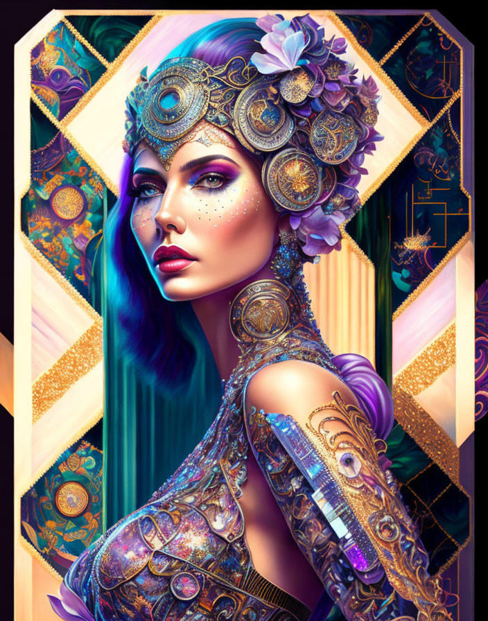 Vibrant digital artwork of woman in ornate headgear and armor