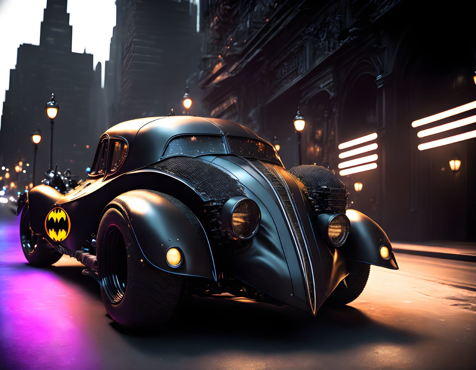 Vintage black car with Batman logo in futuristic city setting at dusk