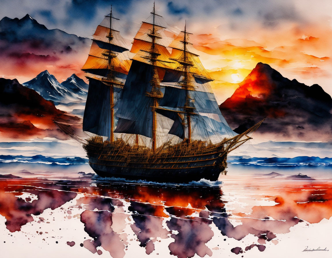 Vivid watercolor painting of classic sailing ship at sunset