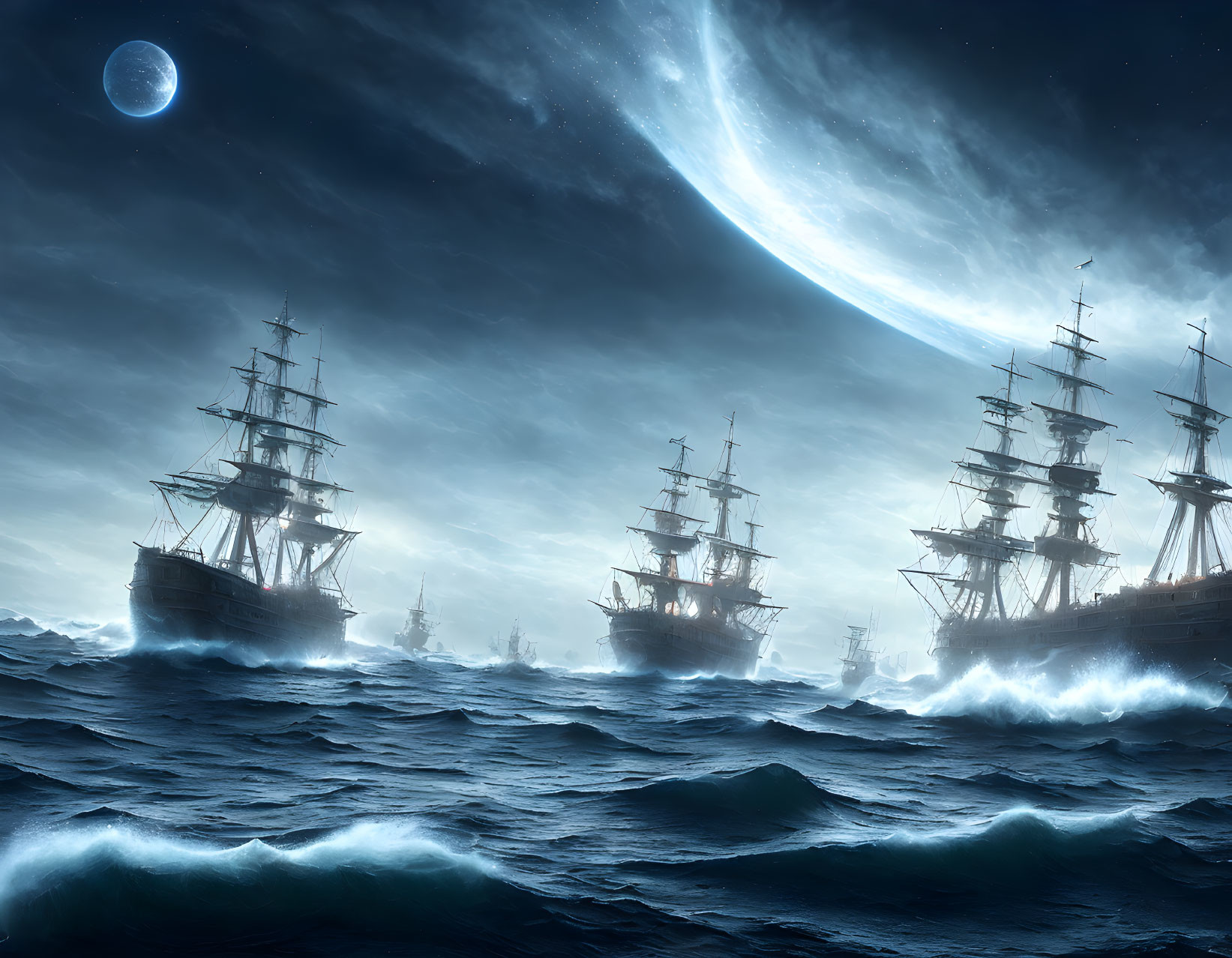 Sailing ships under crescent moon and distant planet