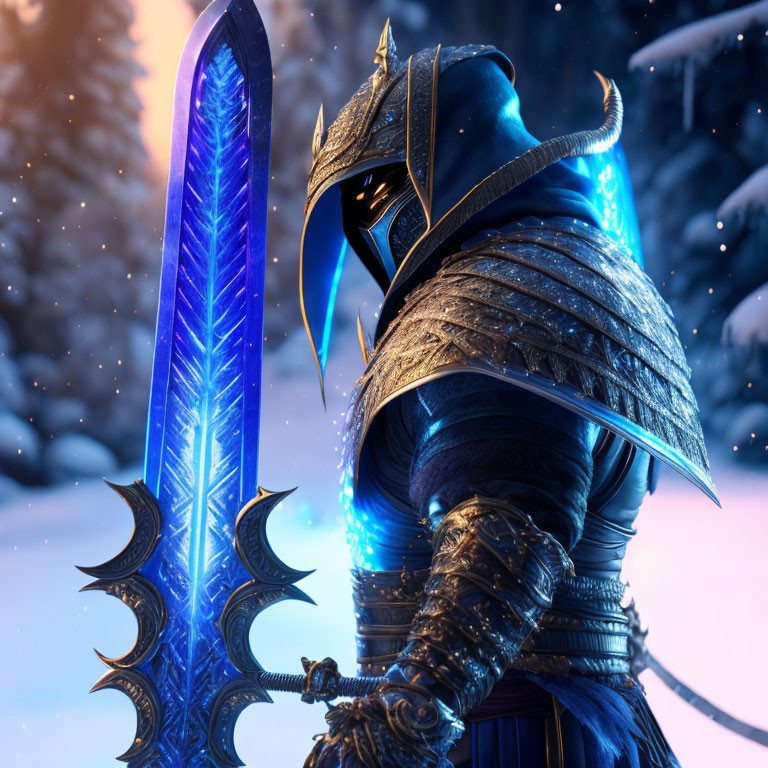 Fantasy warrior in ornate armor with glowing blue sword in snowy setting