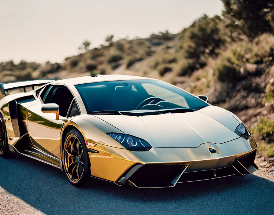 Golden Lamborghini Aventador with large rear spoiler on sunlit road