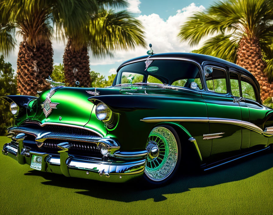 Vintage Green Car with Chrome Details and White-Wall Tires on Manicured Lawn