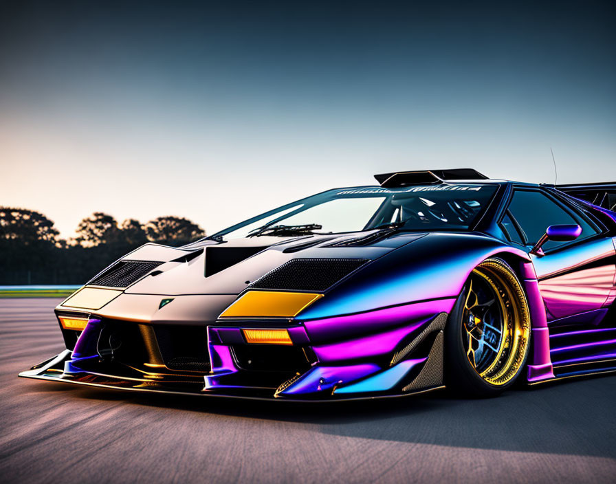 Multicolored sports car with golden rims parked at dusk