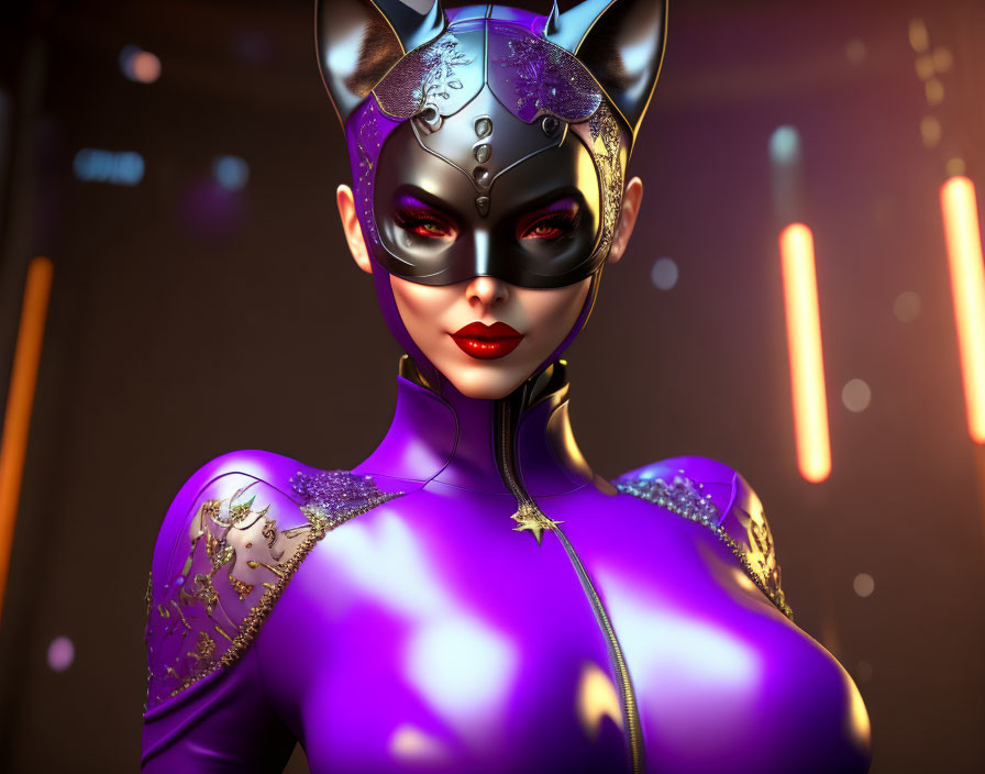 Futuristic 3D Illustration of Woman in Purple Catsuit & Cat Mask