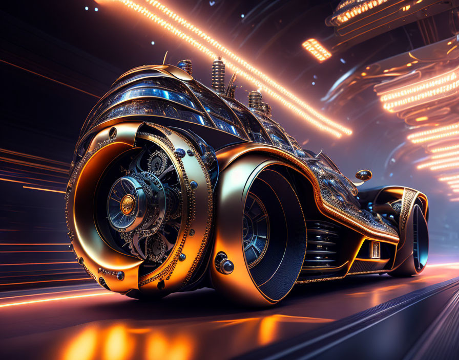 Orange-Black Futuristic Vehicle in High-Speed Motion Blur Tunnel