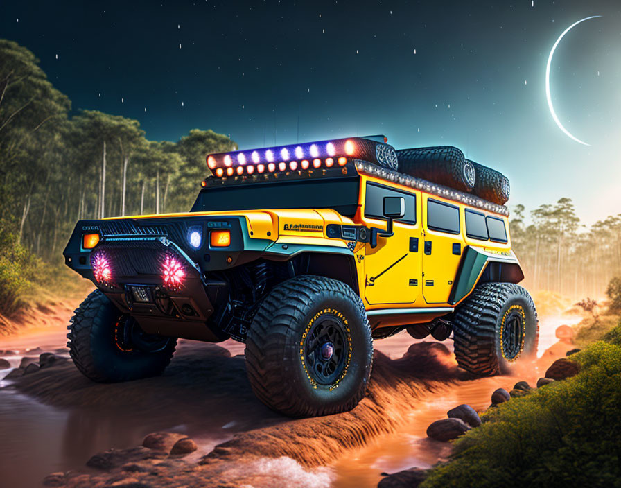 Yellow off-road vehicle crossing river at twilight under starry sky