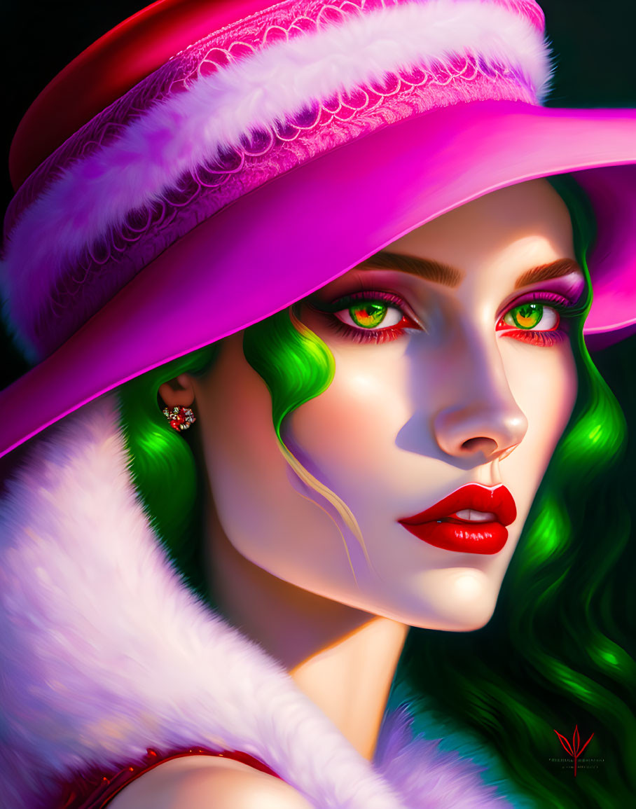 Vibrant green hair woman with emerald eyes in pink hat