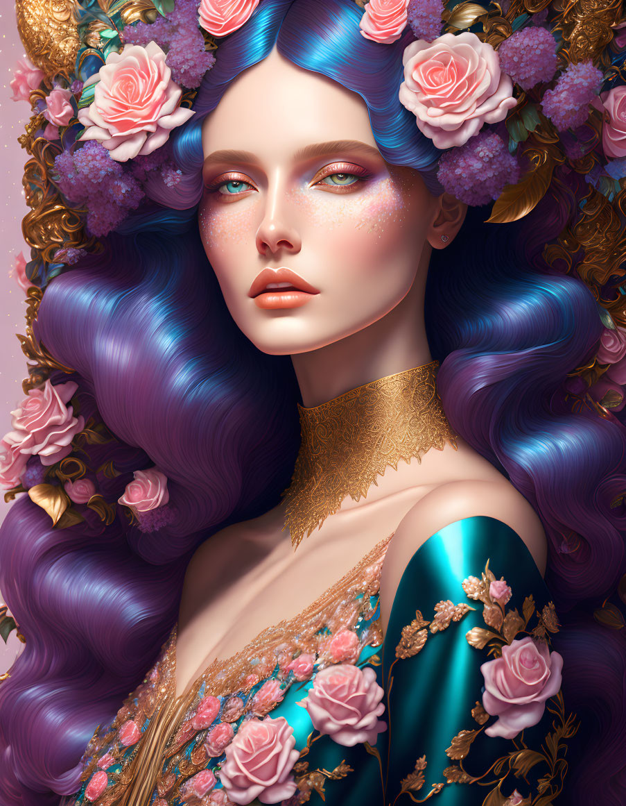 Digital artwork of woman with voluminous blue hair and roses, gold neckpiece, teal dress