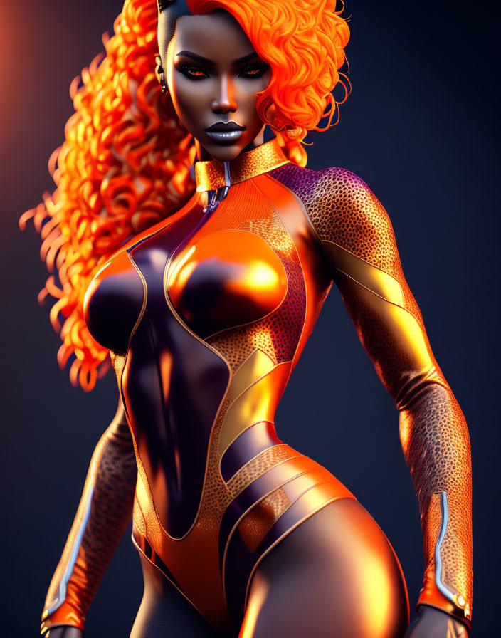 Vibrant Orange Hair Female Figure in Futuristic Suit