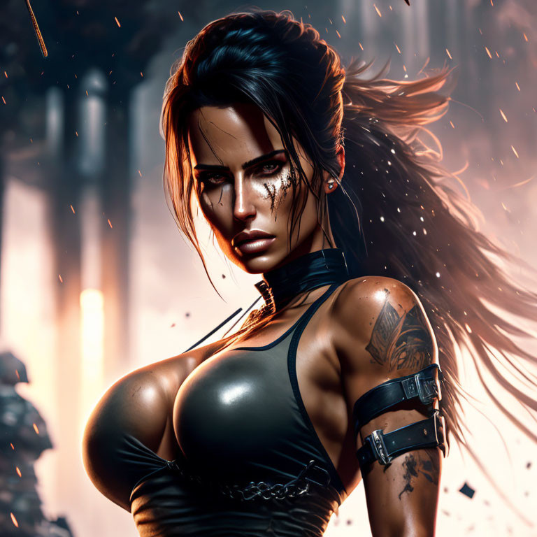 Stylized woman digital art: dark hair, tattoo, futuristic black outfit, fiery backdrop