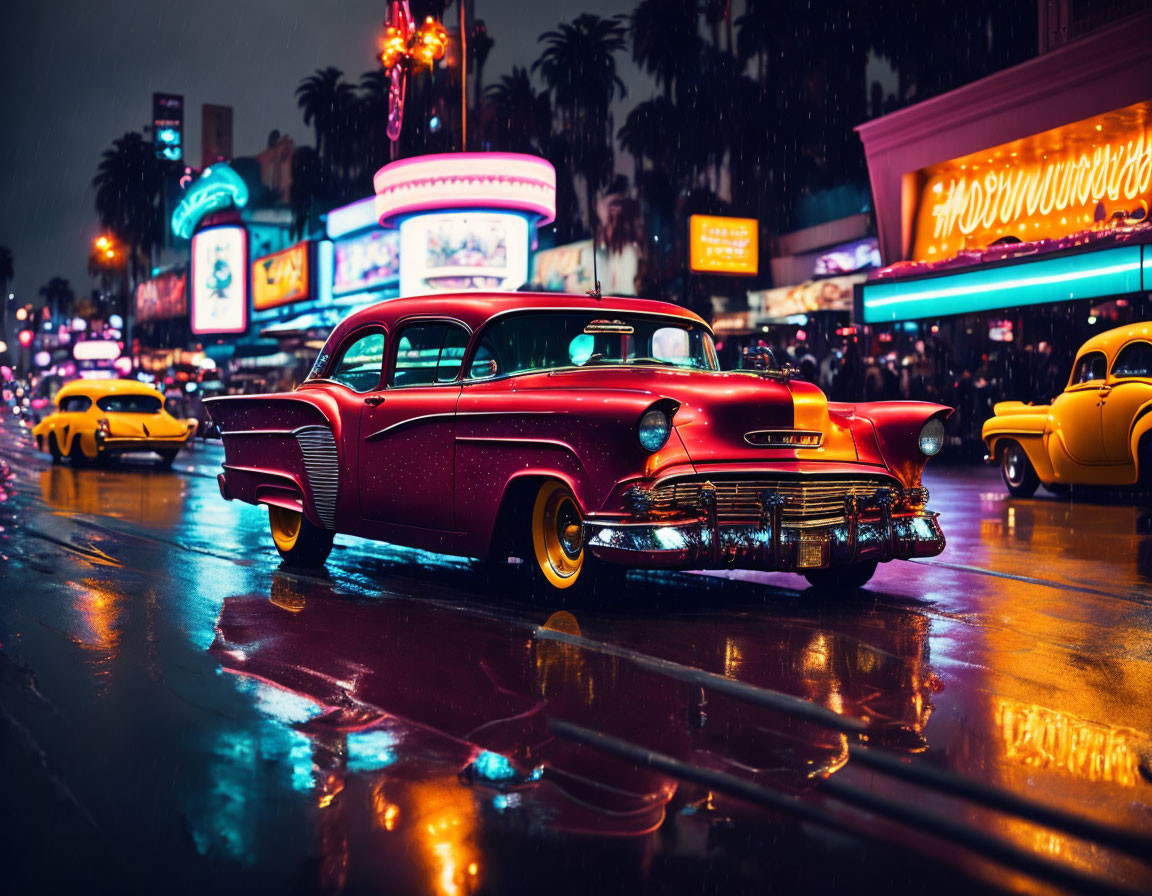 Classic Red Car on Rainy Night Street with Neon Signs