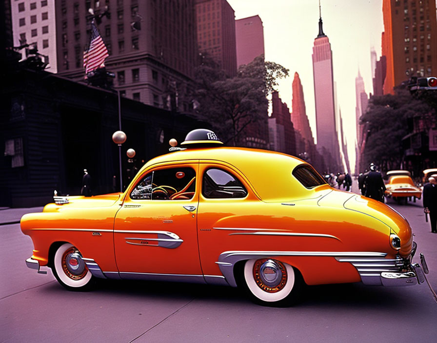 Classic orange and yellow car in urban street setting