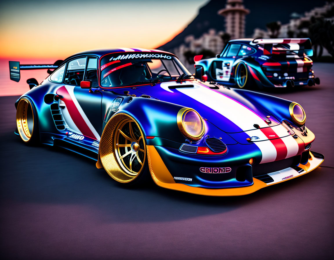 Colorful Racing Cars Parked at Sunset with Blurred Background