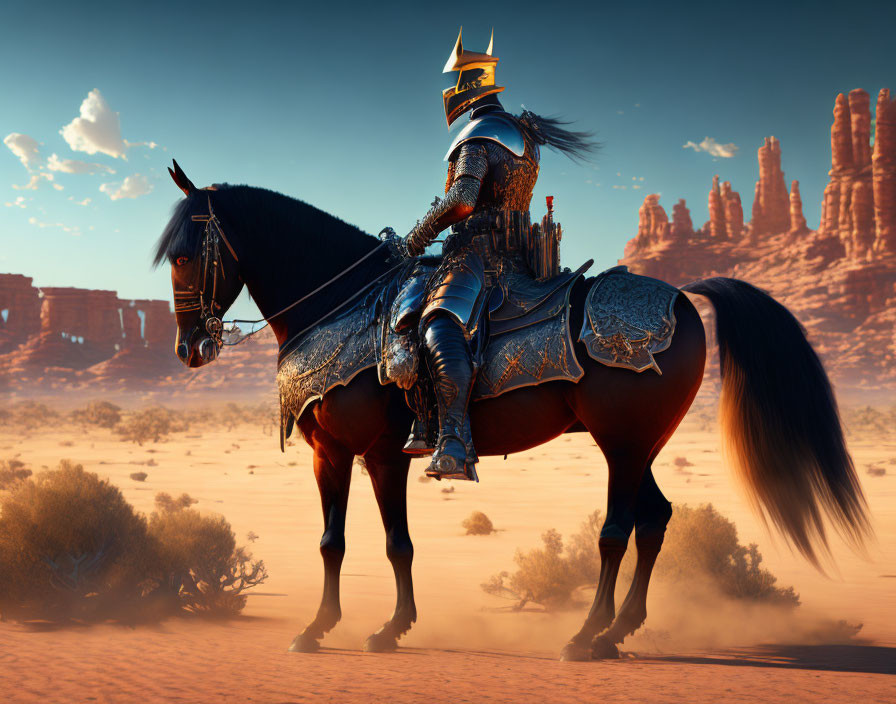 Knight in ornate armor on black horse in desert with red rock formations under clear blue sky