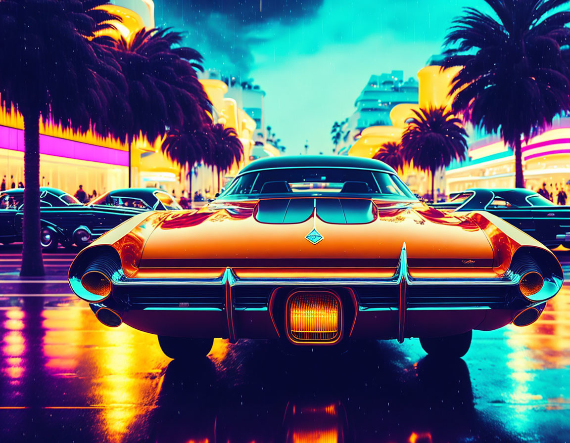 Classic car on neon-lit retro-futuristic city street at sunset