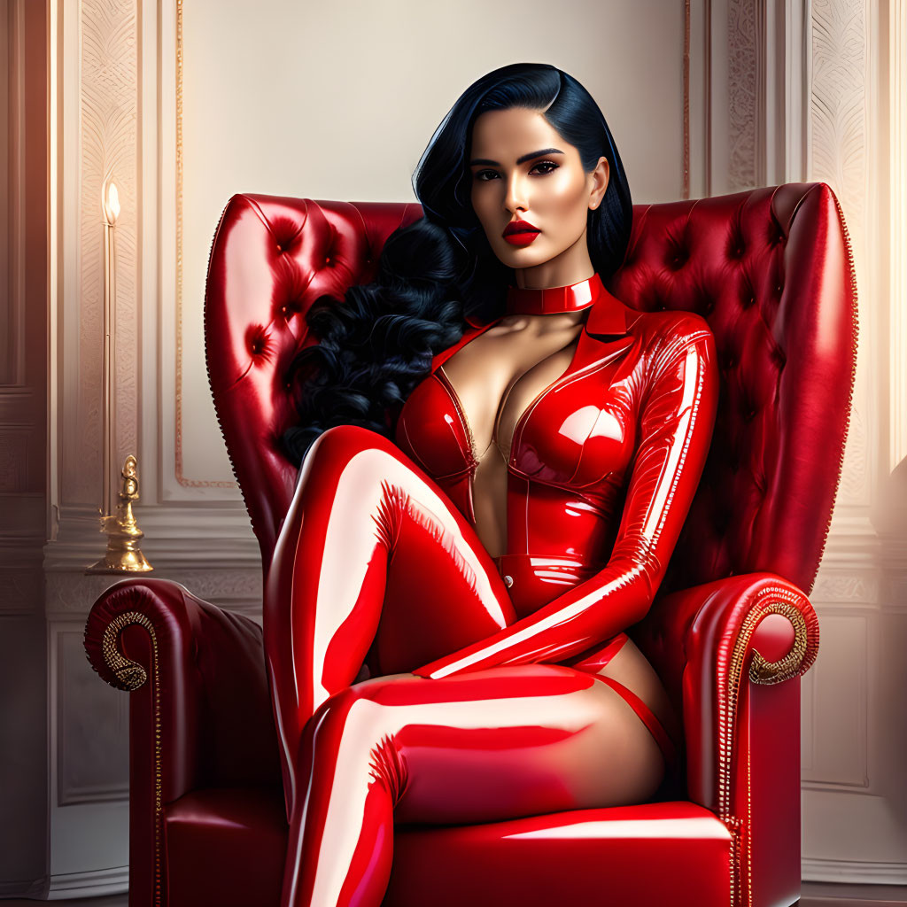 Dark-haired woman in shiny red outfit sitting in luxurious armchair